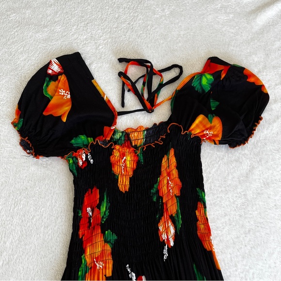 Women Maxi Dress Tropical Floral Smocked Black Orange Rayon OS - Picture 10 of 10